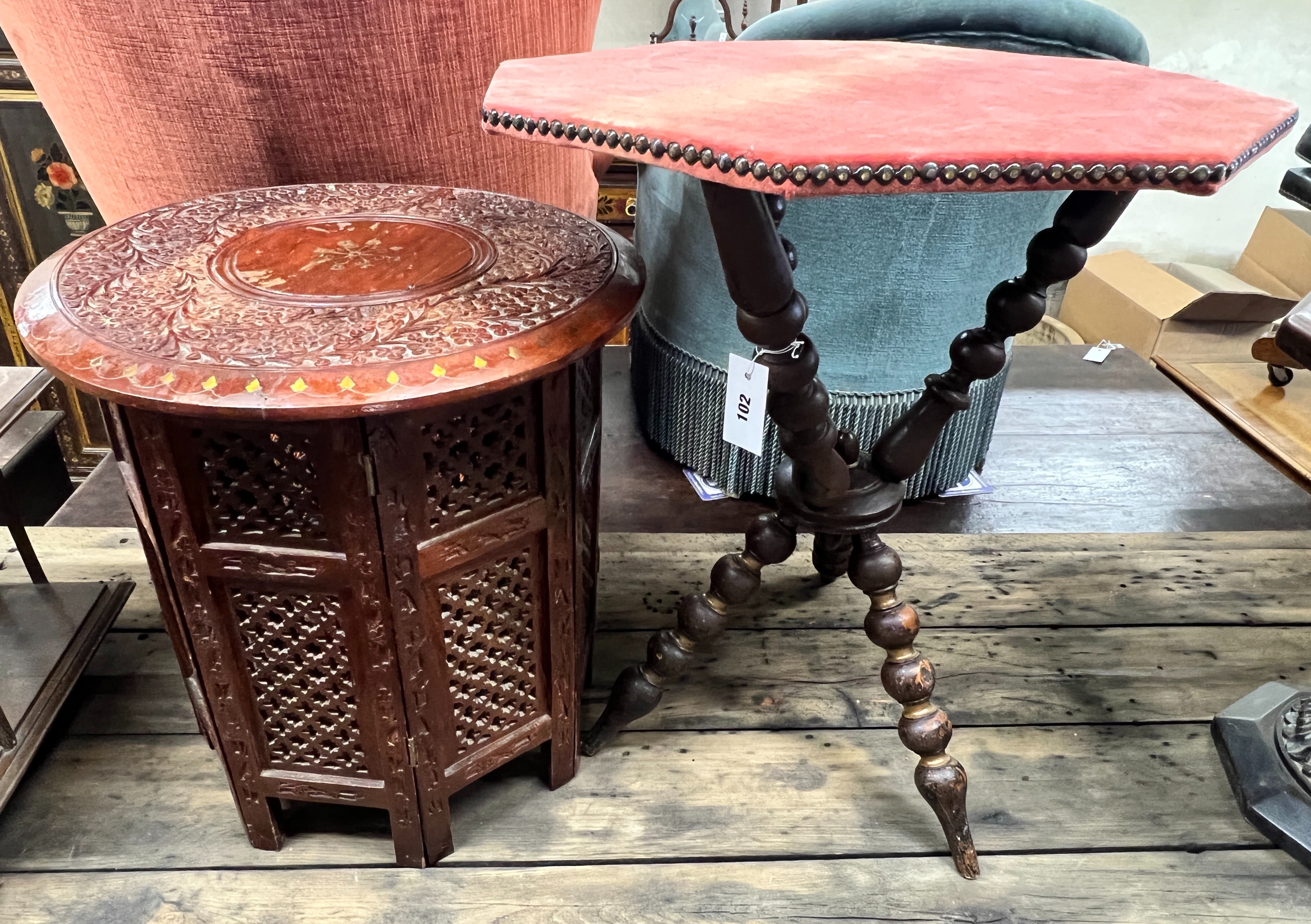 A Victorian bobbin turned octagonal gypsy table, width 52cm, height 62cm together with a circular Indian brass inlaid hardwood table